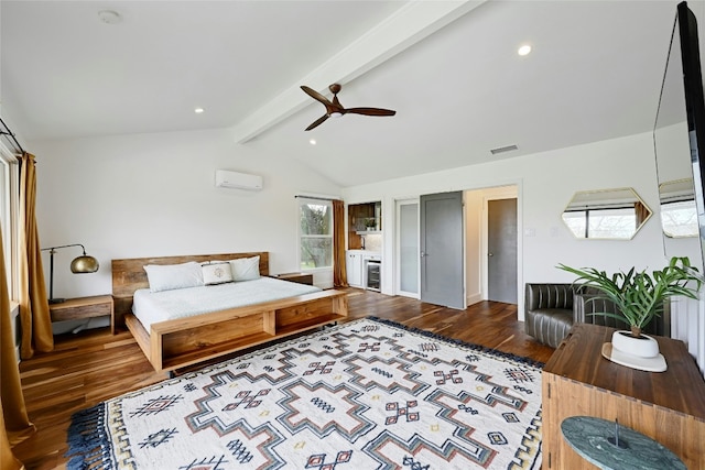 bedroom with recessed lighting, a wall mounted air conditioner, lofted ceiling with beams, and wood finished floors