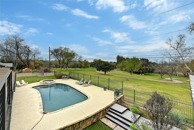 view of pool featuring a yard, a patio area, and a fenced backyard