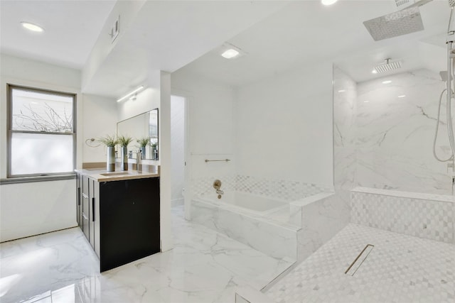 full bathroom featuring marble finish floor, a marble finish shower, a bath, and vanity