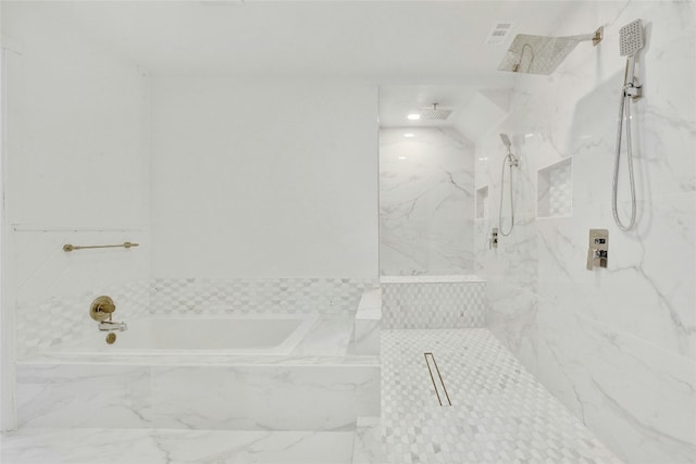 full bath with a marble finish shower and a bath