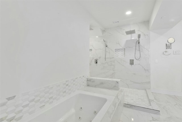 full bathroom featuring recessed lighting, baseboards, marble finish floor, a marble finish shower, and a tub with jets