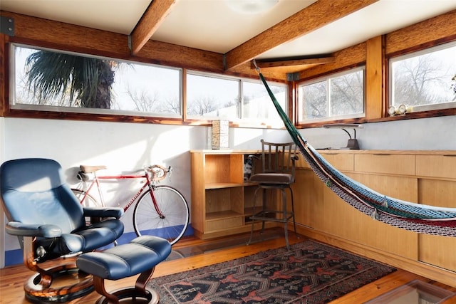 interior space featuring beamed ceiling and wood finished floors