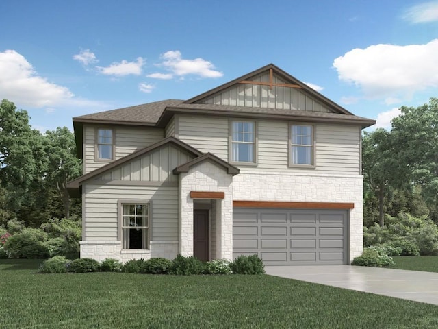 craftsman inspired home with a garage, stone siding, board and batten siding, and concrete driveway