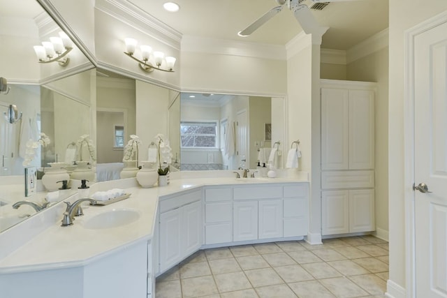 full bath with ornamental molding, tile patterned flooring, a sink, and double vanity