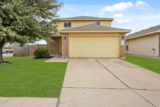 traditional-style house with concrete driveway, brick siding, a front yard, and fence