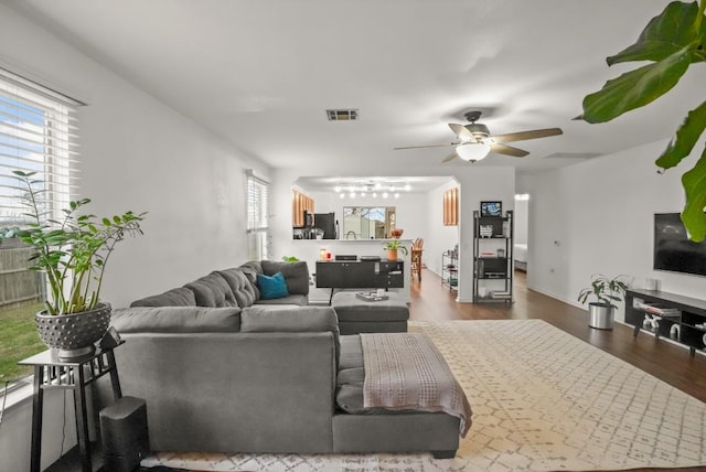 living room with dark wood-type flooring, a wealth of natural light, visible vents, and ceiling fan