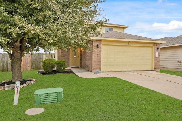 view of front facade with an attached garage, brick siding, fence, concrete driveway, and a front yard