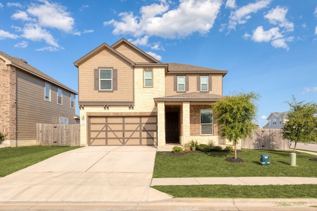 view of front of property featuring a garage, concrete driveway, stone siding, fence, and a front lawn