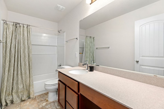 bathroom featuring toilet, visible vents, shower / bath combo with shower curtain, and vanity