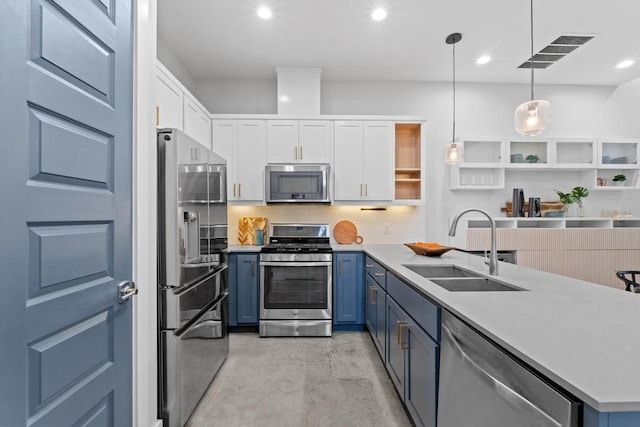 kitchen with stainless steel appliances, a sink, white cabinetry, blue cabinetry, and open shelves