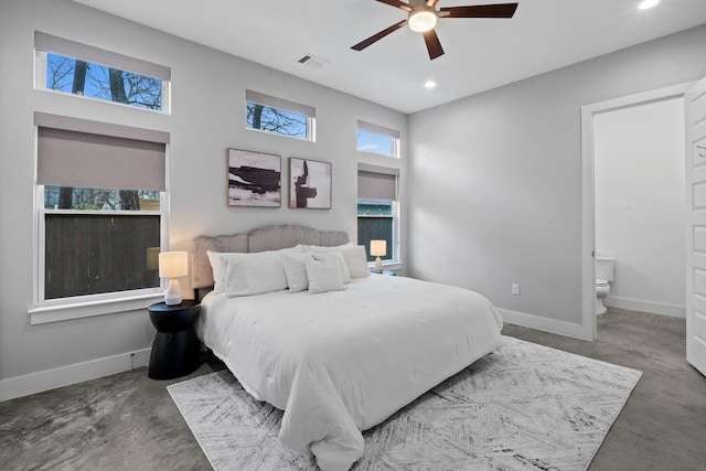 bedroom featuring visible vents, baseboards, a ceiling fan, concrete flooring, and recessed lighting