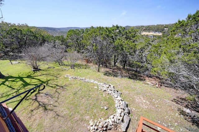 view of yard featuring a forest view