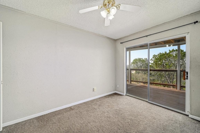 unfurnished room with baseboards, carpet floors, a textured ceiling, and ceiling fan