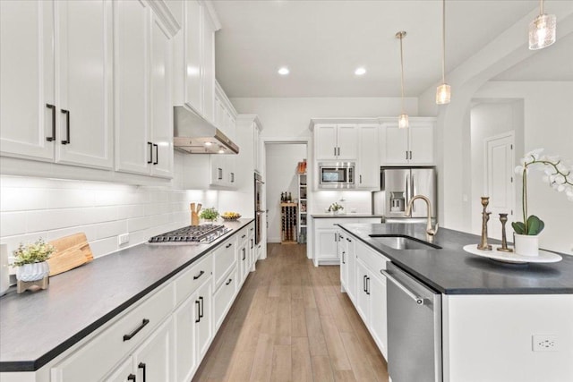 kitchen featuring dark countertops, appliances with stainless steel finishes, a sink, light wood-type flooring, and extractor fan