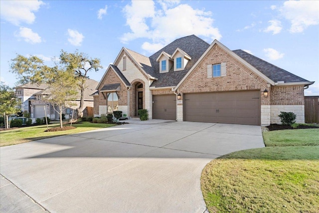 view of front of house with concrete driveway, brick siding, roof with shingles, and a front yard