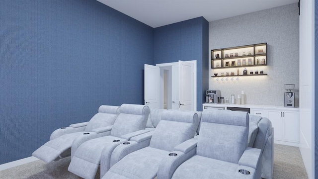 cinema room with light colored carpet, indoor wet bar, and wallpapered walls