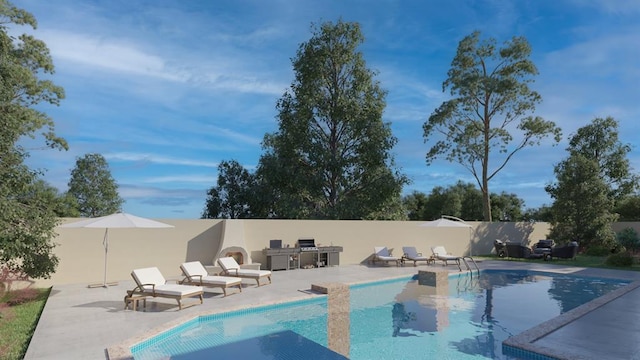 view of swimming pool with a patio area, fence, and a fenced in pool