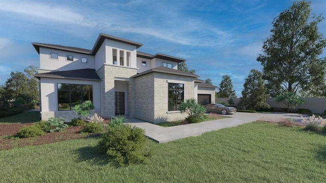 exterior space featuring stucco siding, concrete driveway, a lawn, a garage, and stone siding