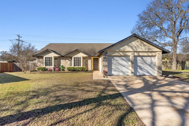 ranch-style home with driveway, a garage, stone siding, fence, and a front lawn