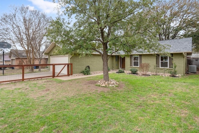 ranch-style house featuring brick siding, central AC unit, fence, a garage, and a front lawn