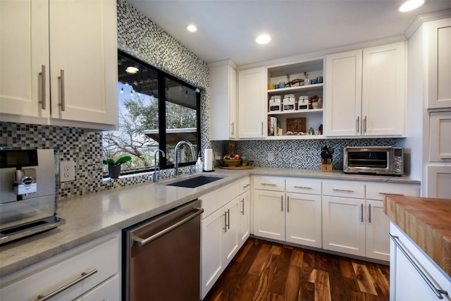 kitchen with a toaster, dark wood-style flooring, a sink, stainless steel dishwasher, and open shelves