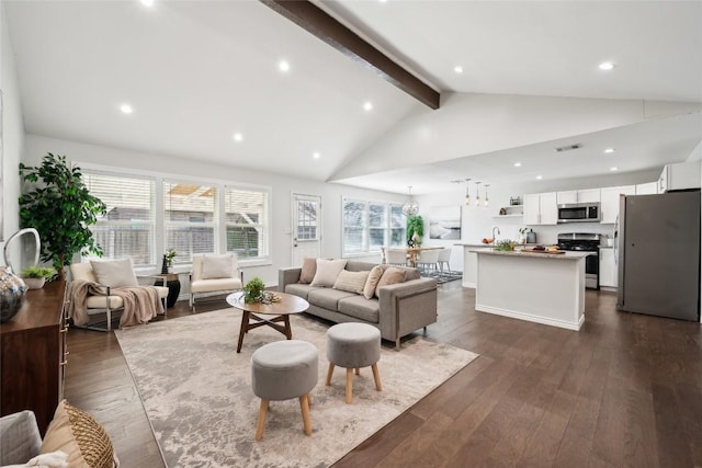 living room featuring high vaulted ceiling, recessed lighting, beam ceiling, and dark wood finished floors