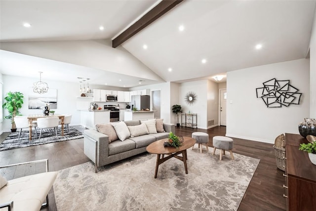 living area with dark wood-style flooring, beam ceiling, a notable chandelier, high vaulted ceiling, and baseboards