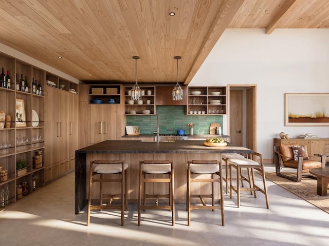 bar with finished concrete flooring, decorative backsplash, wooden ceiling, hanging light fixtures, and indoor wet bar