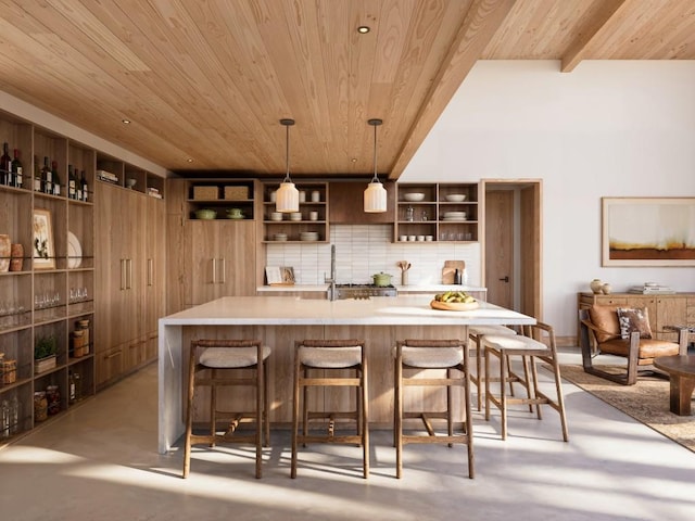 bar with concrete flooring, wooden ceiling, pendant lighting, and decorative backsplash