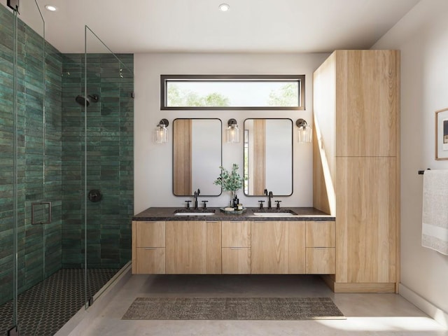 full bath featuring a stall shower, a sink, and double vanity