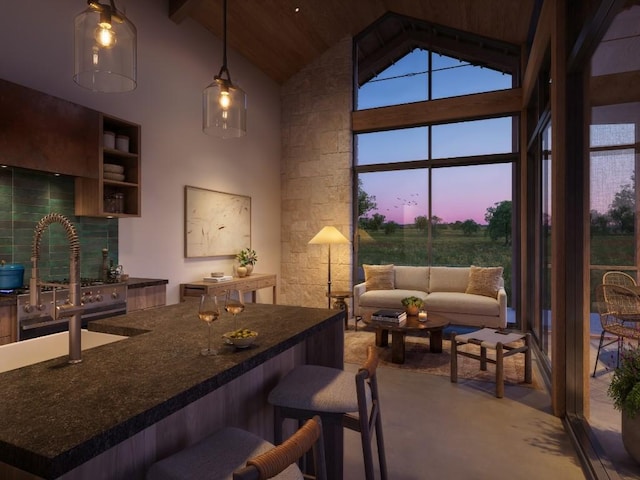 bar featuring decorative backsplash, wood ceiling, decorative light fixtures, high vaulted ceiling, and indoor wet bar