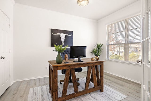 217 Bonnet Blvd, Georgetown, TX 78628 - office area with light wood finished floors, crown molding, and baseboards