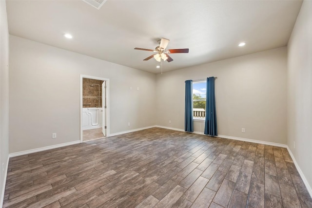 unfurnished room featuring a ceiling fan, recessed lighting, baseboards, and wood finished floors