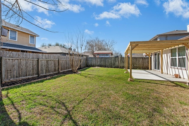 view of yard featuring a fenced backyard, a pergola, and a patio