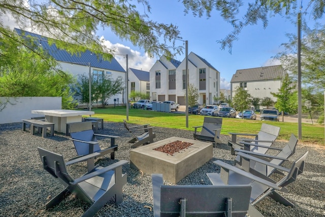 view of patio / terrace featuring a fire pit and a residential view