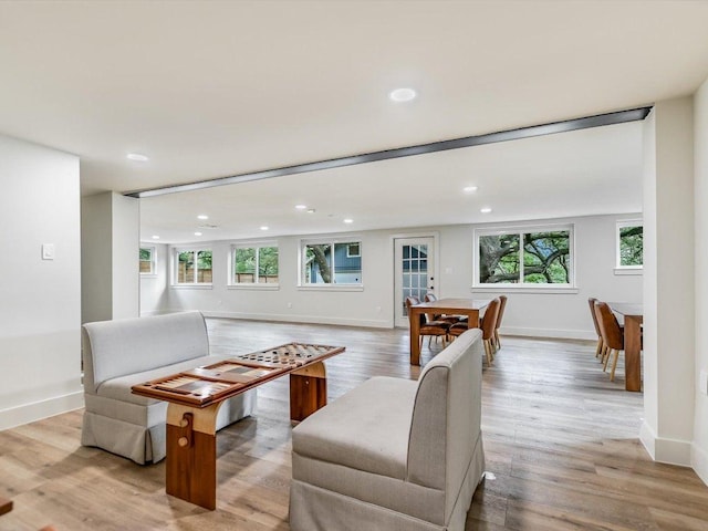 living room featuring light wood-style floors, a healthy amount of sunlight, and baseboards