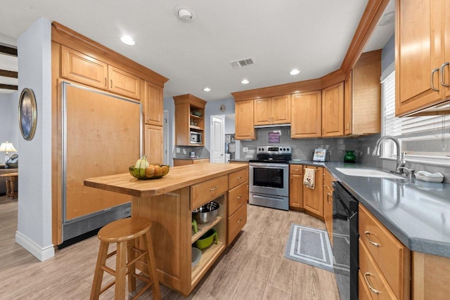 kitchen with black dishwasher, open shelves, stainless steel electric stove, butcher block counters, and visible vents