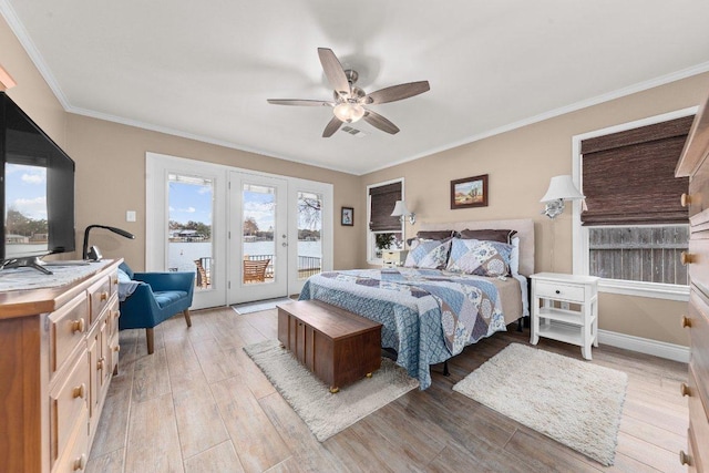 bedroom featuring crown molding, light wood-style floors, ceiling fan, access to outside, and baseboards