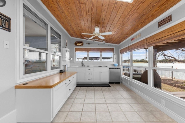 interior space featuring a sink, wooden ceiling, plenty of natural light, and a ceiling fan