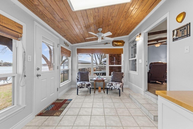 sunroom / solarium featuring lofted ceiling, wood ceiling, and ceiling fan