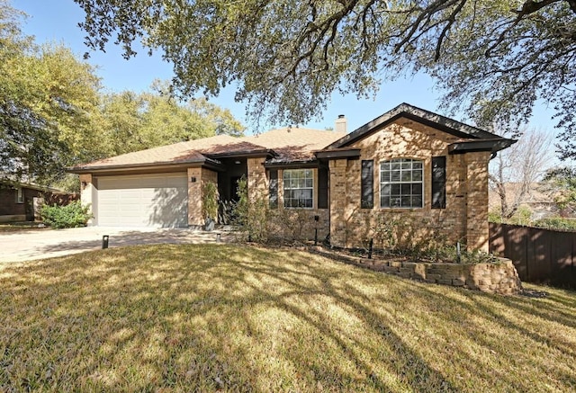 single story home with a garage, driveway, fence, and a front lawn