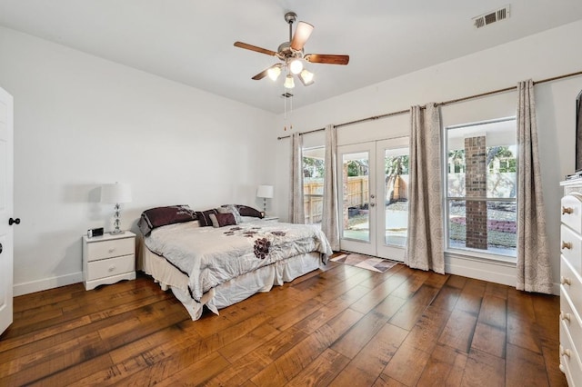 bedroom featuring access to exterior, french doors, visible vents, and hardwood / wood-style floors