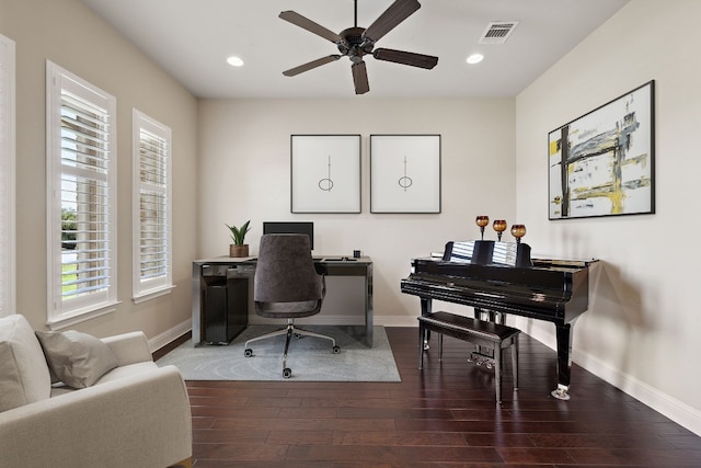 office space with recessed lighting, visible vents, a ceiling fan, wood finished floors, and baseboards