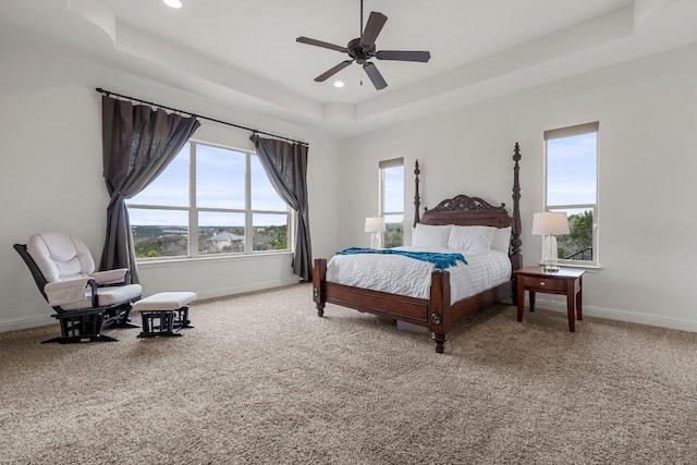 carpeted bedroom with multiple windows, a raised ceiling, and baseboards