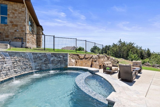 pool with fence and a patio