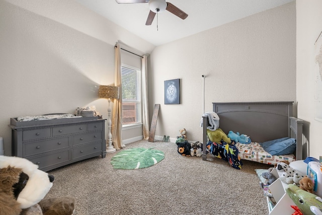 bedroom featuring carpet flooring, ceiling fan, and baseboards