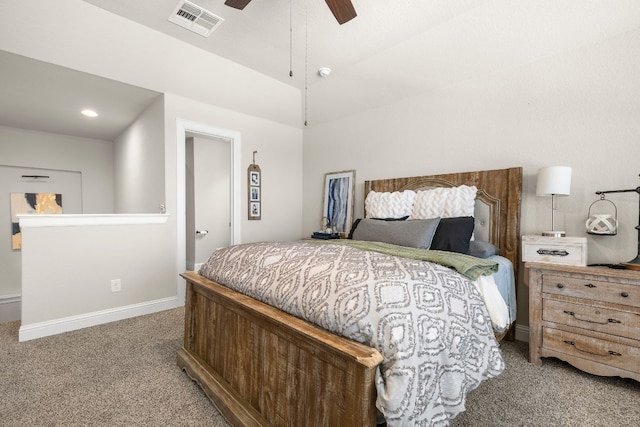 bedroom featuring ceiling fan, carpet floors, visible vents, and baseboards