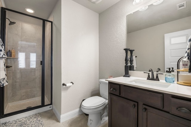 bathroom with a stall shower, visible vents, toilet, tile patterned floors, and vanity