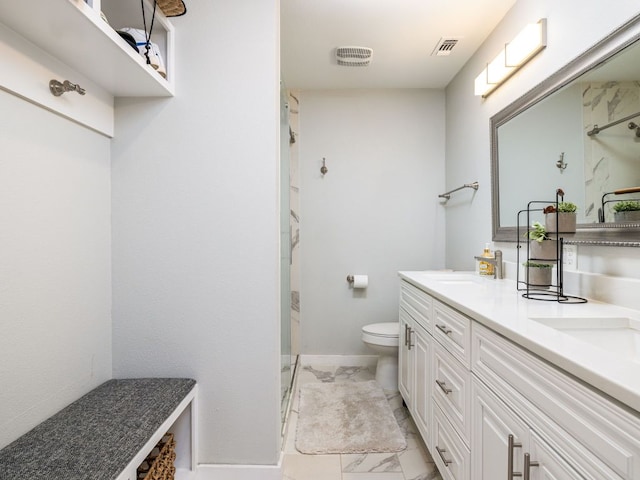 full bathroom with double vanity, visible vents, toilet, a stall shower, and a sink