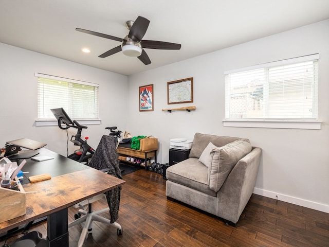 office space with wood-type flooring, baseboards, ceiling fan, and recessed lighting